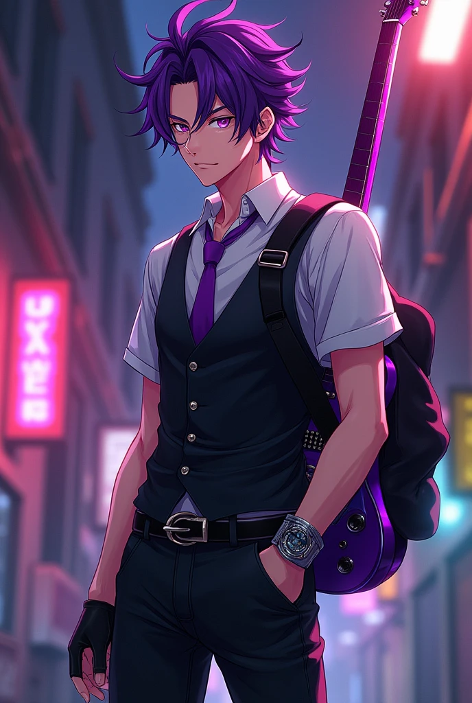 An anime guy in his mid-20s with purple eyes and curly purple hair, and he's wearing black jeans, boots, a white short-sleeved shirt, a purple tie and black fingerless gloves, He is wearing a black business vest, and on his back he has a purple rock guitar hanging, and he's wearing a black sweatshirt unbuttoned