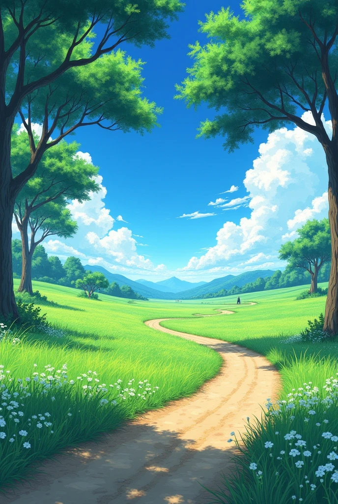 Anime grassland with a mud road and trees.no vehicles