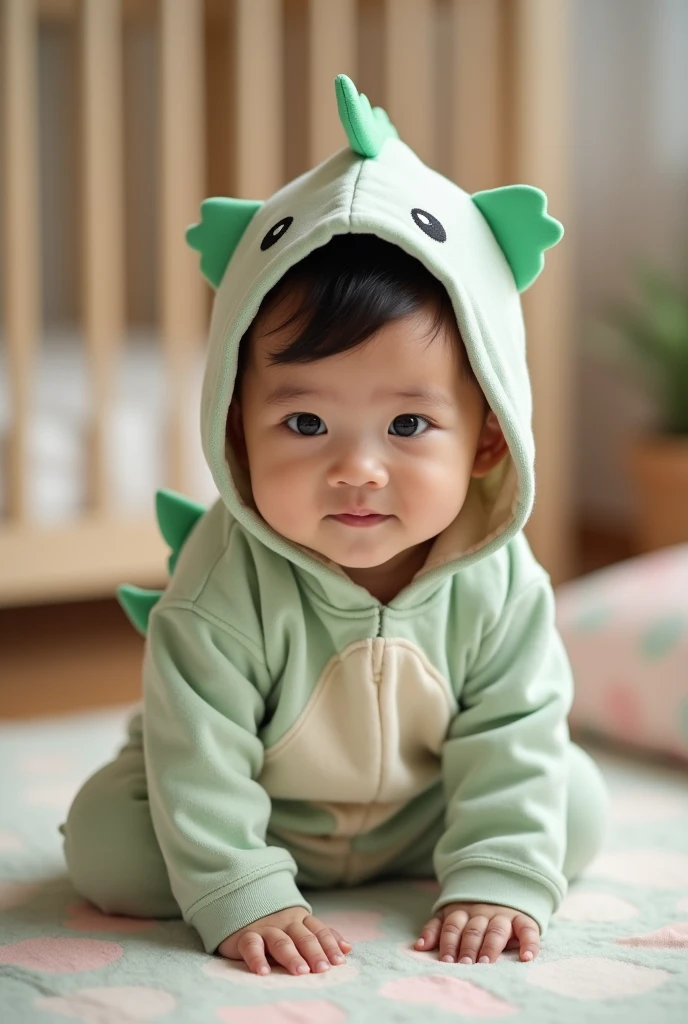 filipino baby boy (1 year old) wearing dinosaur onesie with hoodie. facing the camera, slightly smiling