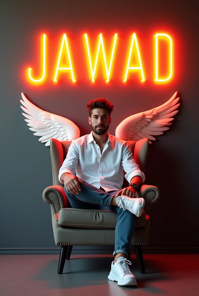 Create a 3D illusion for a profile picture where a 25 Year old cute boy in a white shirt Sitting casually on a Wingback chair. Wearing sneakers, he looks ahead. The background features "JAWAD" in big and capital Orange neon light fonts on the dark grey wall. There should not be his shadow, and there are wings to make it appear as if he is an angel