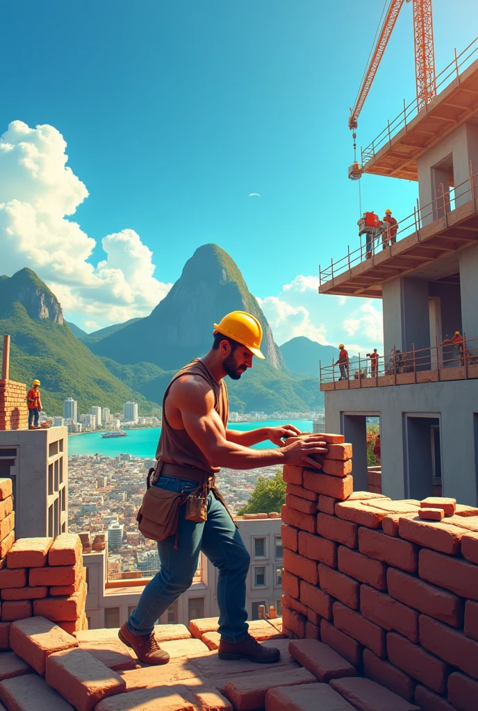 Create image of construction of university building in Rio de Janeiro, with emphasis on a bricklayer
