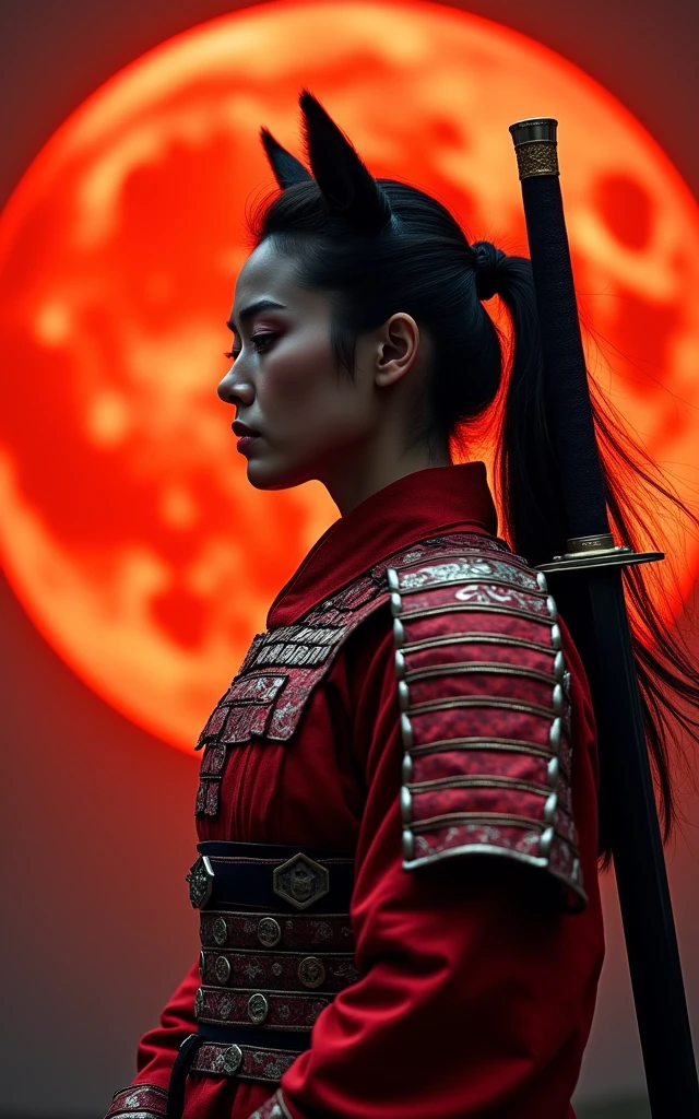 The cat in this image is a beautiful woman，Dressed in red and silver samurai attire, Standing against the backdrop of a massive red moon，The sky is awash in deep red hues reflecting the moonlight.The woman is situated on the left side of the frame, Face to the right，tilt head slightly upward. It wears an elaborate armor resembling traditional samurai armor, Featuring intricate designs and patterns. The armor is predominantly red，Adorned with silver accents, Increase visual depth. Her eyes are focused on something in the distance. There is a sword on his back, Suggesting a battle-ready or ceremonial stance. The red moon in the background casts an orange tone over the entire scene, Creating a dramatic and tense atmosphere, Retina, precise, masterpiece, Super Detail, High Detail, best quality, The award-winning, high resolution, HD, 4K, 8K, 16K, Retina, precise, masterpiece, Anatomically correct, Textured Skin, Super Detail, high quality, The award-winning, high resolution, 8K, 16K
