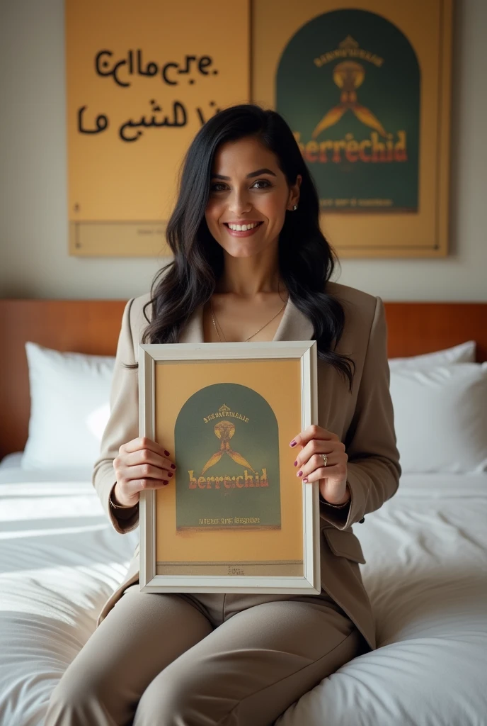 Une femme brune. Les cheveux raides, écartés ou un peu écartés du cou, pas longs, de couleurs noirs. Une femme un peu volumineuse par sa forme physique. Assise dans une grande chambre d'hôtel, sur un lit de l'hôtel, souriante, la tête droite, le regard droit fixé vers l'avant, portant dans ses mains une grande photo qu'elle montre bien vers l'avant de sorte que la photo qu'elle montre soit un peu décollée de sa poitrine et derrière elle, accroché sur le mur, un tableau avec 2 écritures sur le tableau. L'une qui dit en arabe : Bienvenue à Berrechid et la deuxième en langue française qui dit : Bienvenue à Berrechid.