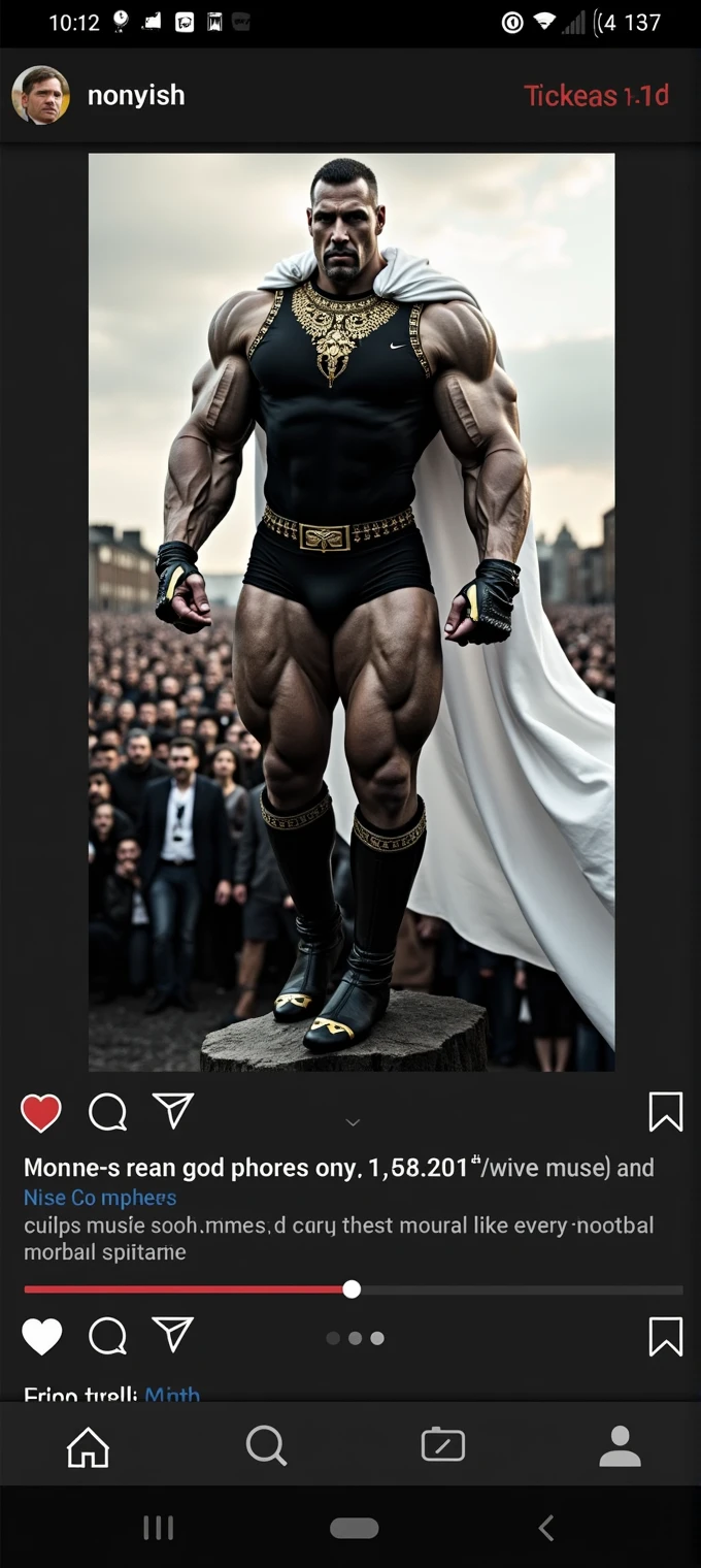 He has enormous muscles, muscles so big they make his head look small compared to his body. The muscles of his shoulders are so big and inflated that they seem to surround his head and make it look small. His legs are more muscular and enormous, They are twice as long as those of a normal body, and these are three times larger and more muscular., His thighs look especially more developed and inflated with muscles which he wears a pair of extra-long white Nike football stockings that he wears stretched up to his knees and white Nike Air Max 97s.. The stockings should be very long and should be super stretched so that all the muscles in the god's legs vibrate.. He has short hair and white eyes He is standing with his legs together and striking a double bicep pose. The white stockings must be super stretched to cover the entirety of his leg and thigh muscles. He wears short black leather briefs decorated with gold studs at the waist and a tight, shiny, long-sleeved leather shirt with gold detailing on the collar and sleeves. He wears a long flowing white cloak.. He is levitating above a crowd of people who are super small and whom he crushes with his feet.. The power of God surrounds him in the form of an aura that makes him appear imposing..