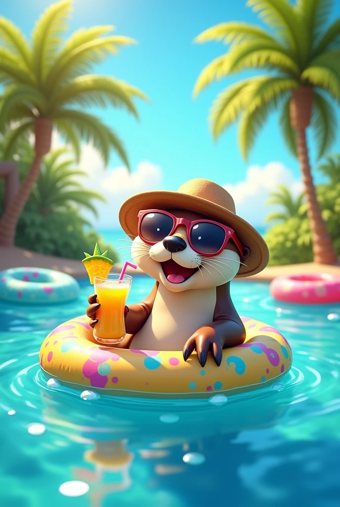 Cute otter,in Swimmingpool with swimming tires, Cocktail,cartoon, sunglasses sun hat