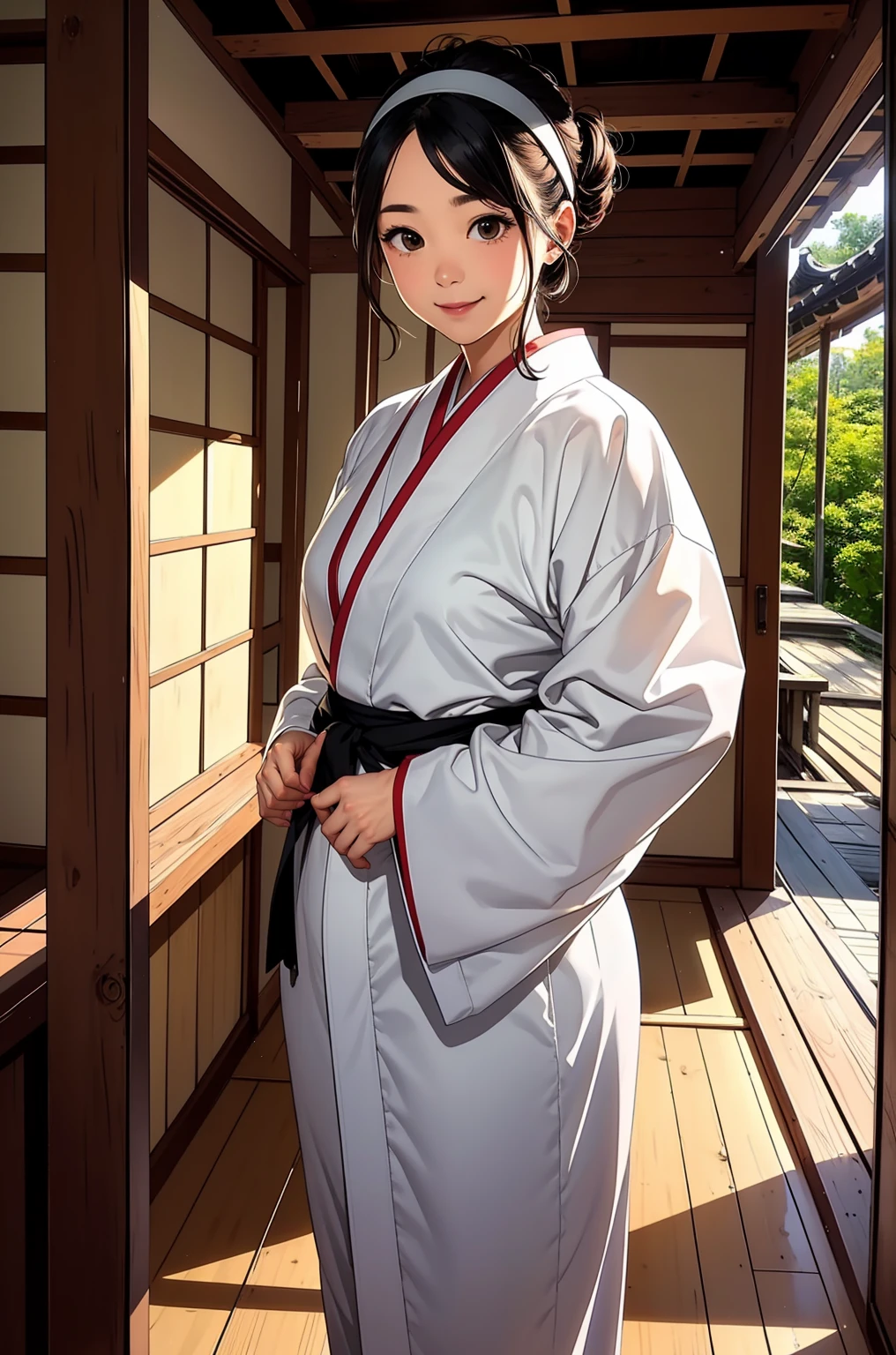 1 female, brown updo hairstyle, black headband, wearing white ninja outfit, standing inside japanese traditional house, smile,