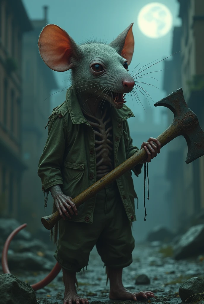 (Ultra detailed), a chilling full-size portrait of a decaying anthro rat, zombie, holding an aged, rusted axe, ((corpse-like skin)), ((detailed hands grasping the axe tightly)), ((loose, tattered clothes)), ((dull eyes with a hollow, vacant stare)), ((lean body with prominent bones and rat-like features)), ((backdropped by a desolate, abandoned cityscape under a moonlit, foggy night))., trending on artstation,foxovh, cenematic lighting, detailed background, ((haunting, eerie, menacing aura))