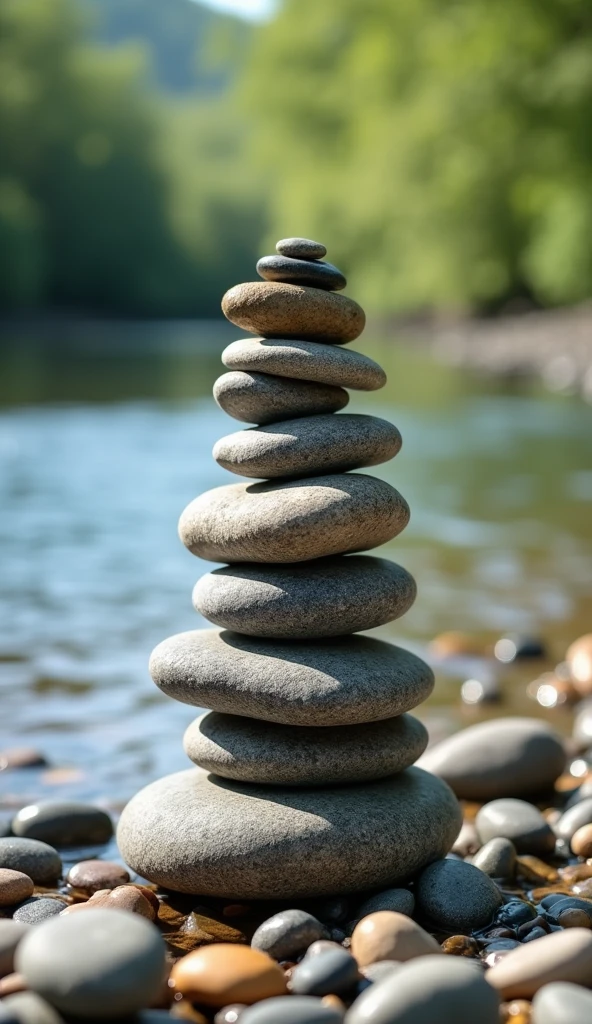 A masterpiece, the best composition, high resolution, riverside scenery, pebbles piled up in perfect balance, (like totem poles), beautifully colored pebbles, gentle river flow, peace, tranquility.