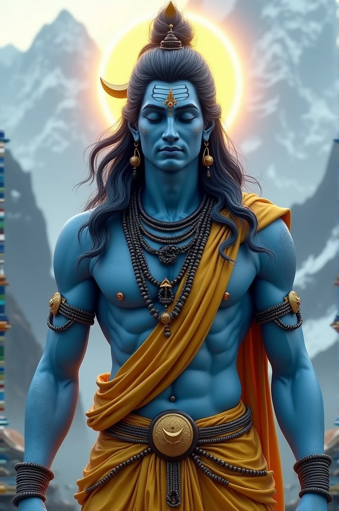 Lord Shiva in a highly detailed 3D image, standing in a meditative pose. His body is a rich, divine blue, contrasted by his black matted hair, which is adorned with beads and ash. He is wearing a yellow cloth draped around his waist, with gold accents. The image shows his calm and powerful aura, with the sacred snake Vasuki wrapped around his neck and a crescent moon shining in his hair."