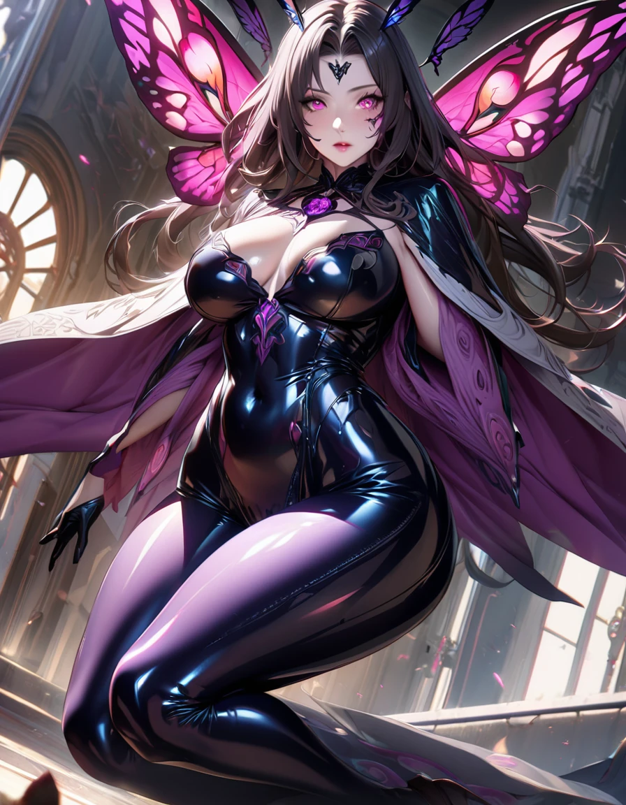 ung beautiful woman,(Highest quality,Extremely detailed depiction,Incredibly absurd high resolution,Anatomically accurate depiction,Curvy Legs),(Shiny skin,Porcelain-like skin),(A monster with a moth motif:1.5,Shiny latex,A member of an evil organization,hypnotic light,Eye pattern on moth's wing),eyelash,Sweat,(Red Eyes,Vertically drawn pupils,Large Breasts,A captivating smile,Glossy yellow lipstick,Flashy makeup,Seductive gestures,Half-closed eyes:1.3),whole body,Scale powder,antenna,A shadowed expression