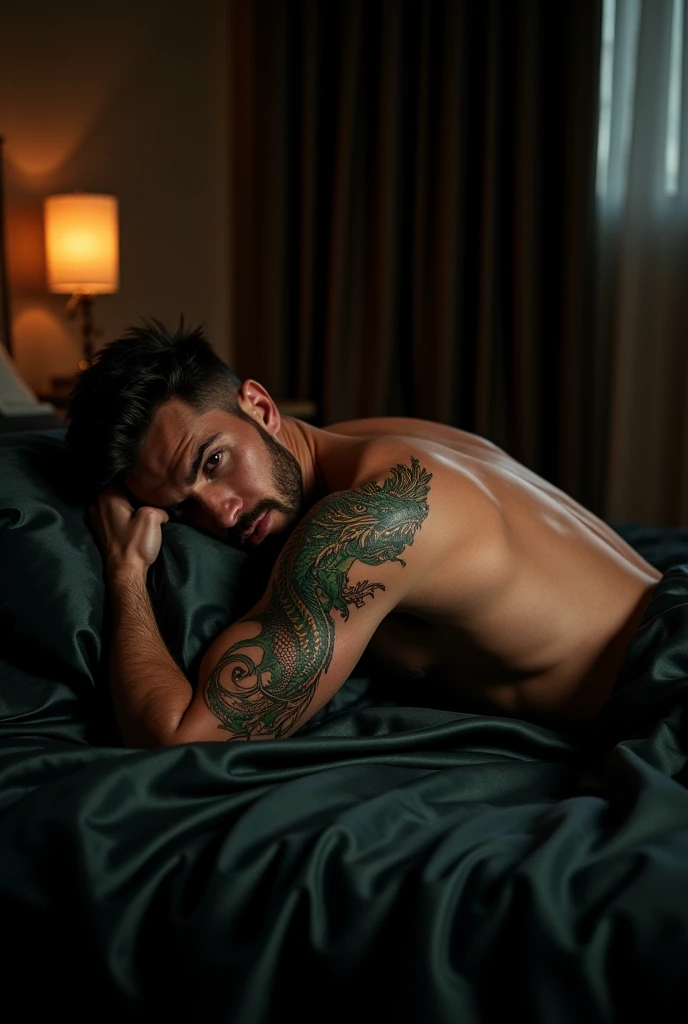 Draw a muscular man lying on a bed with black sheets at night, He has a dragon tattoo on his shoulder blade
