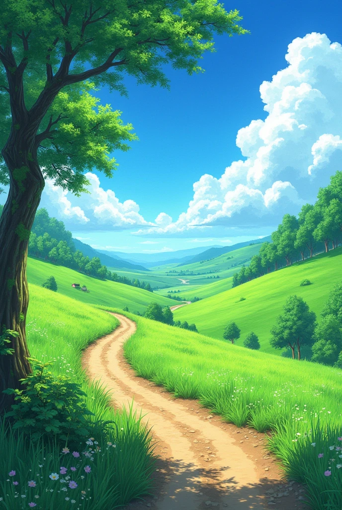 Anime grassland with a mud road and trees.no vehicles
