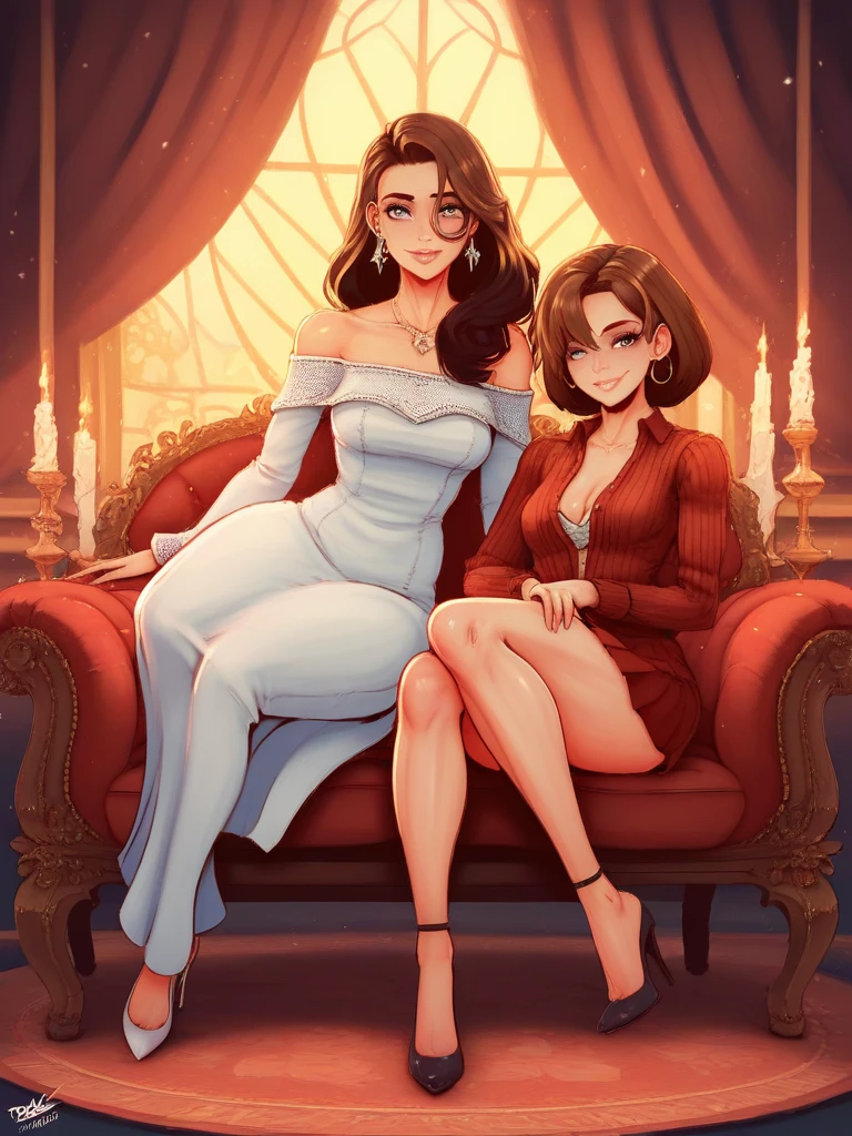 btoon anime,Fraction_9, Fraction_8_Direction_7_up,Two young women sitting on a sofa in a beautifully decorated room. Both of them were wearing skirts,with long hair in takes. The woman on the left is wearing a grey V-neck dress, The woman on the right is wearing a beige V-neck shirt. Both of them were wearing high heels. The rooms have a modern design,Windows overlooking the city. The woman on the left has brown hair,Wearing earrings, The woman on the right has black hair. Both of them look directly at the audience.Subtle and seductive smile,(Best quality,4K,8k,high resolution,masterpiece:1.2),Ultra Detail,(lifelike,Photoreal,Photoreal:1.37),HDR,Ultra HD,Studio Lighting,Extremely detailed description,major,Vibrant colors,Portrait
