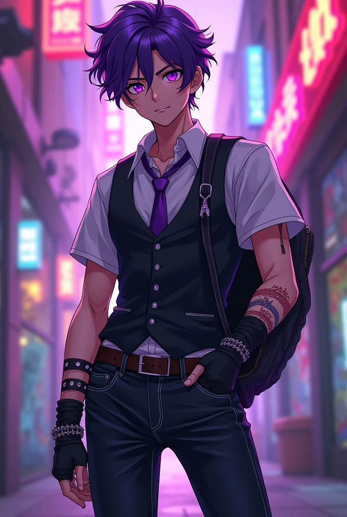 An anime guy in his mid-20s with purple eyes and curly purple hair, and he's wearing black jeans, boots, a white short-sleeved shirt, a purple tie and black fingerless gloves, He is wearing a black business vest, and on his back he has a purple rock guitar hanging, and he's wearing a black sweatshirt unbuttoned