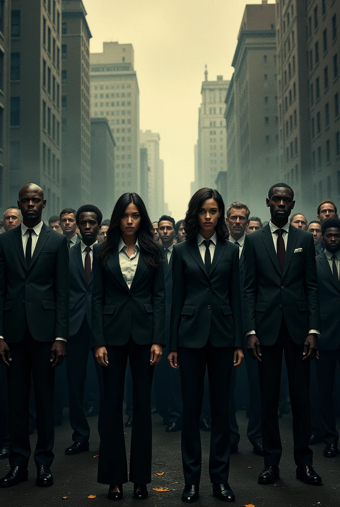 Generate a poster for a play named 'In Pursuit Of...' based on unemployment and have a very small mob on unemployed people include 2 women in the small mob without faces not in hoodie but in formals