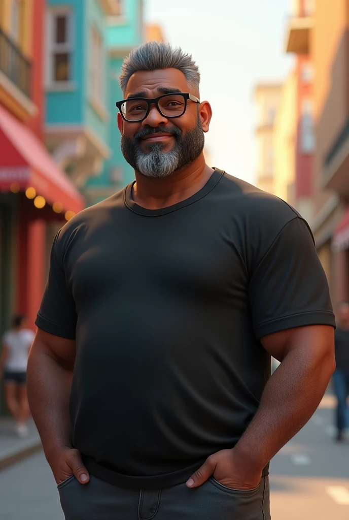 Create a stylized 3D cartoon character of a middle-aged black man. The character should be rendered in a Pixar-like style using Arnold Maya or toon Keyshot render. The rendering must be of high quality, featuring cinematic lighting, sharp focus, detailed textures, detailed skin, a clay-like finish, and bokeh effects, all in 8K resolution.
The man has a broad build but without a belly or muscular physique. He wears modern black glasses and has very short gray hair, styled to the right on top and shaved on the sides. His skin tone is dark brown with a warm undertone, and he has two prominent vertical wrinkles on his forehead between his eyebrows.
His beard is trimmed and sparse, with more white hairs on the chin and the rest being dark gray. The man has hairy arms and does not wear any accessories or jewelry, except for a black smartwatch. He is dressed in an oversized black t-shirt and dark gray pants without a belt. His expression is friendly but without a smile, and he is looking directly at the camera, without being cross-eyed