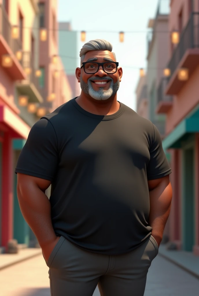 Create a stylized 3D cartoon character of a middle-aged black man. The character should be rendered in a Pixar-like style using Arnold Maya or toon Keyshot render. The rendering must be of high quality, featuring cinematic lighting, sharp focus, detailed textures, detailed skin, a clay-like finish, and bokeh effects, all in 8K resolution.
The man has a broad build but without a belly or muscular physique. He wears modern black glasses and has very short gray hair, styled to the right on top and shaved on the sides. His skin tone is dark brown with a warm undertone, and he has two prominent vertical wrinkles on his forehead between his eyebrows.
His beard is trimmed and sparse, with more white hairs on the chin and the rest being dark gray. The man has hairy arms and does not wear any accessories or jewelry, except for a black smartwatch. He is dressed in an oversized black t-shirt and dark gray pants without a belt. His expression is friendly but without a smile, and he is looking directly at the camera, without being cross-eyed