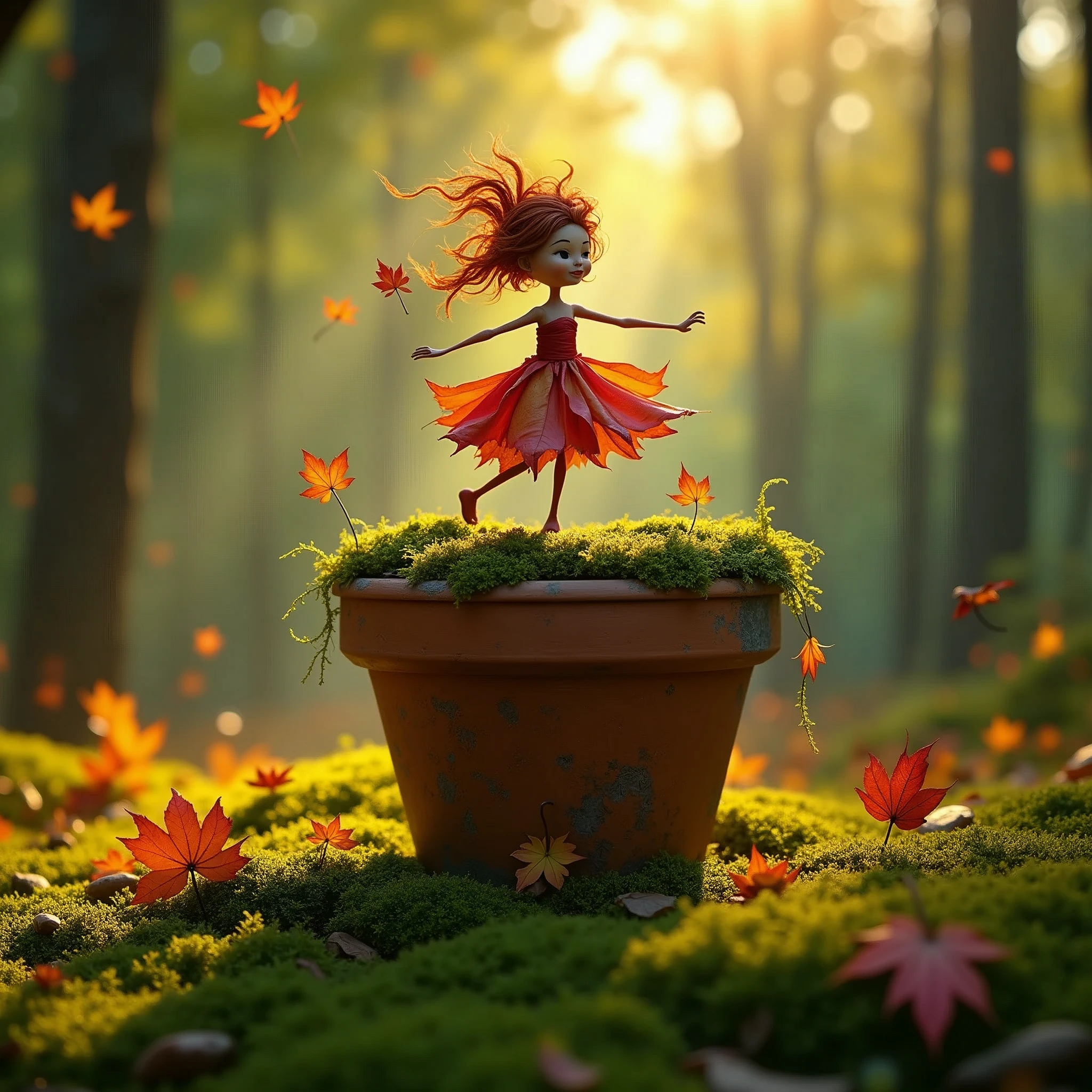 a whimsical miniature figure composed of delicately arranged autumn leaves, poised in carefree dance on the rim of a weathered, moss-covered terracotta pot, set against a lush vibrant forest backdrop, where dappled sunlight filters through the canopy above , casting intricate shadows. the overall aesthetic is ethereal, with warm, earthy tones of sienna, umber, and olive green, infused with hints of emerald and golden light, evoking a sense of wonder and enchantment, as if plucked from a fantastical realm a human like figure rinade of leaves dancing on a pot, forest rain background