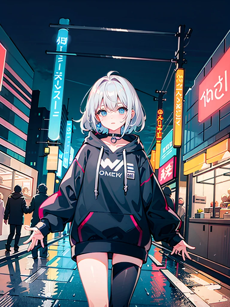 masterpiece, anime girl alone, incredibly absurd, hoodie, headphones, street, outdoor, rain, neon, cyberpunk city, neon lights.