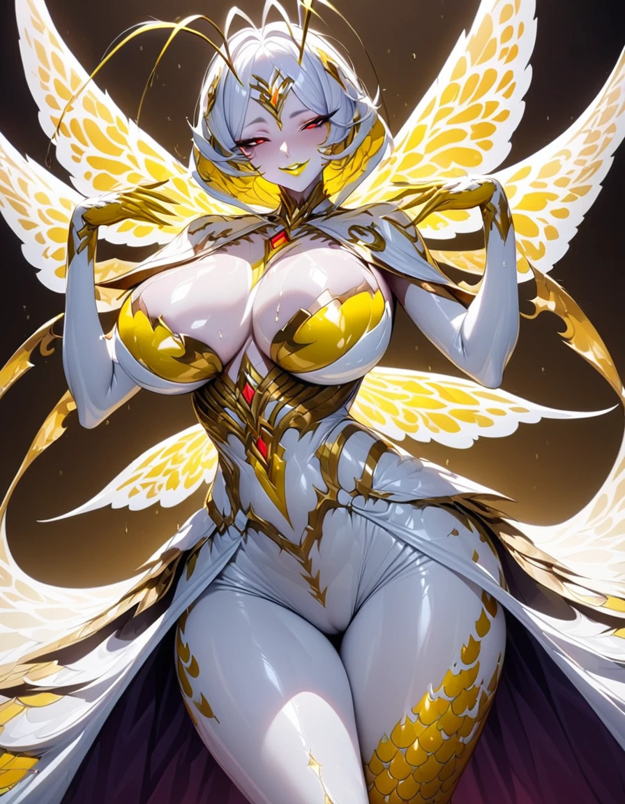 ung beautiful woman,(Highest quality,Extremely detailed depiction,Incredibly absurd high resolution,Anatomically accurate depiction,Curvy Legs),(Shiny skin,Porcelain-like skin),(A monster with a moth motif:1.5,Shiny latex,A member of an evil organization,hypnotic light,The eye patterns on the moth's wings),eyelash,Sweat,(Red Eyes,Vertically drawn pupils,Large Breasts,A captivating smile,Glossy yellow lipstick,Flashy makeup,Seductive gestures,Half-closed eyes:1.3),whole body,Scale powder,antenna,A shadowed expression,White costume