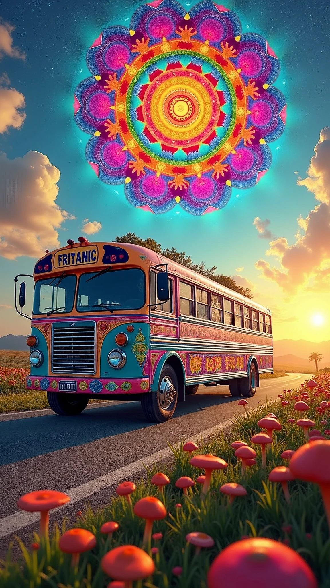 An ultra-realistic and highly detailed image of a large tour bus with the name "FRITANIC" written on the side in playful letters. The bus features a psychedelic and cheerful paint job. The environment exudes positive energy. The bus is traveling on a country road early in the morning, passing through fields filled with flowers and hallucinogenic mushrooms. The sky displays a massive Hindu mandala in an alucinogenic sky. The colors are vibrant. The scene is captured with a Fujifilm X-T4 paired with a 16-55mm f/2.8 R LM WR lens, ensuring stunning clarity and rich details. The lighting is bright and colorful, highlighting the vibrant colors of the bus and the surrounding landscape. The aspect ratio is 9:16, emphasizing the vertical composition 