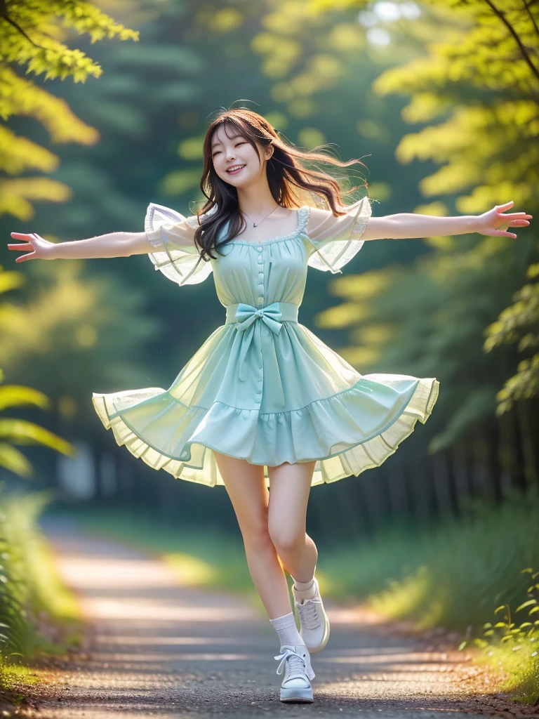 Photo-realistic quality、A Japanese female model wearing a dress and white shoes is dancing on a forest path., ダンサーのcute遊び心のあるポーズ, smile, Ruffled Costume, cute,  In a dress, Wearing long, loose clothing, Spin around,  Forest Fairy、Cute smile、Relaxed and gentle expression、Looking up and closing his eyes