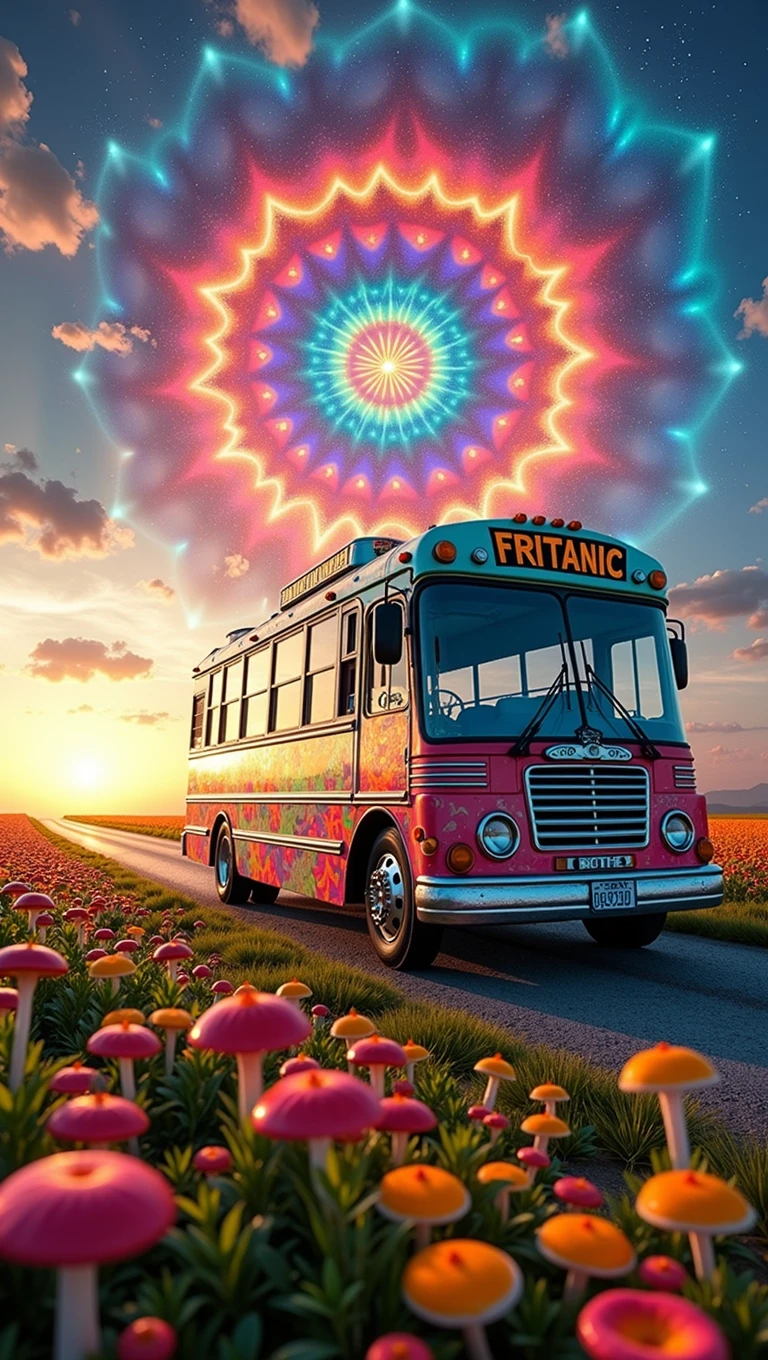 An ultra-realistic and highly detailed image of a large tour bus with the name "FRITANIC" written on the side in playful letters. The bus features a psychedelic and cheerful paint job. The environment exudes positive energy. The bus is traveling on a country road early in the morning, passing through fields filled with flowers and hallucinogenic mushrooms. The sky displays a massive Hindu mandala in an alucinogenic sky. The colors are vibrant. The scene is captured with a Fujifilm X-T4 paired with a 16-55mm f/2.8 R LM WR lens, ensuring stunning clarity and rich details. The lighting is bright and colorful, highlighting the vibrant colors of the bus and the surrounding landscape. The aspect ratio is 9:16, emphasizing the vertical composition 
