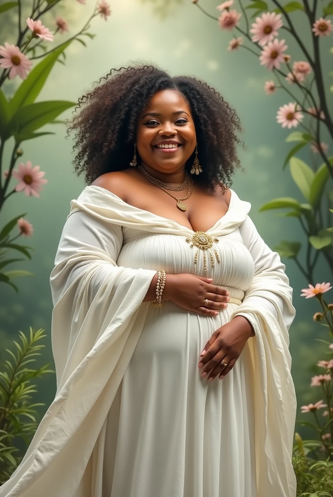 Caucasian skin, curly hair, chubby, Bullish, dressed in white Umbanda clothing, This is me Victoria