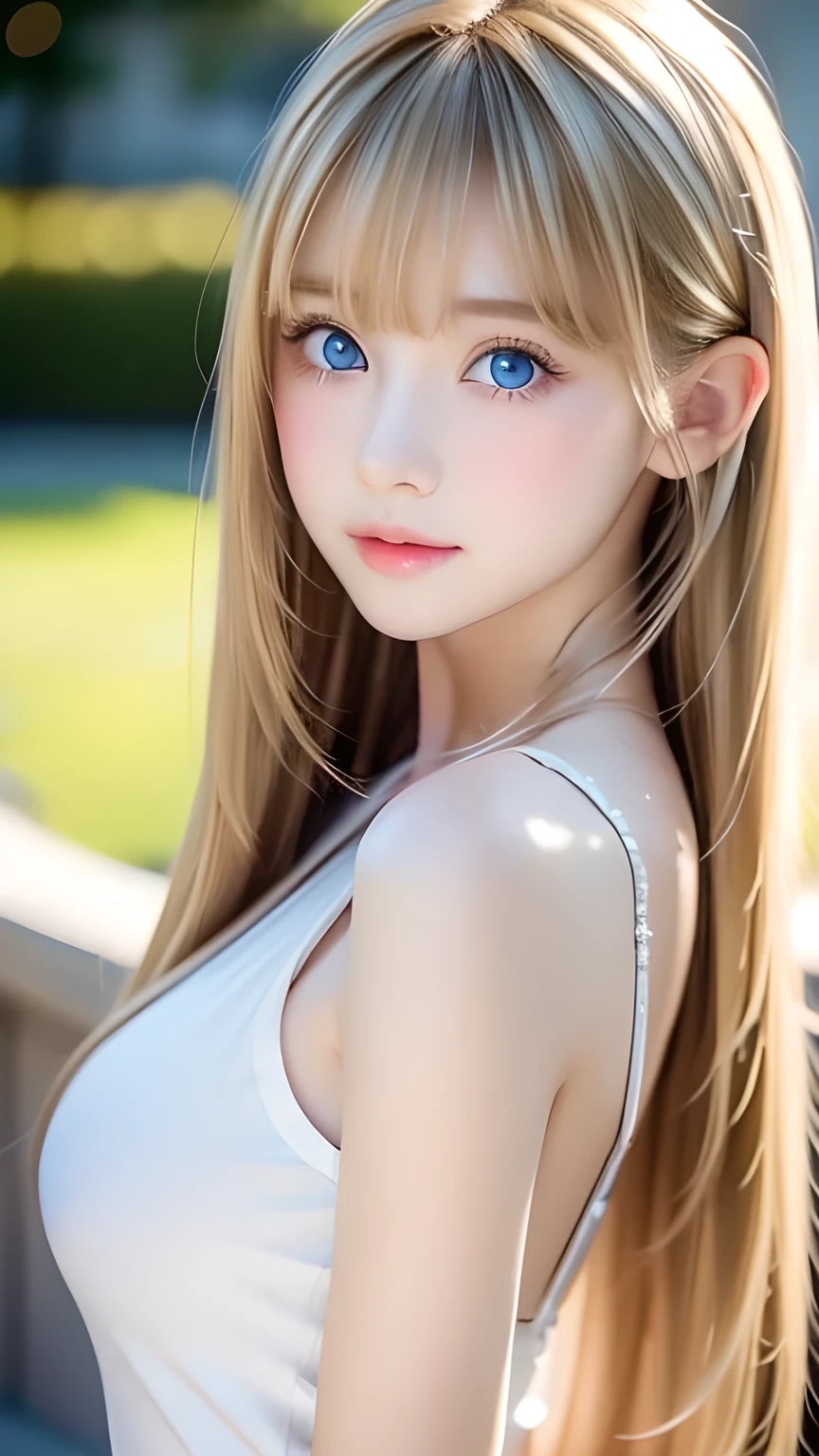 Incredibly bright, white, glossy, beautiful skin、Blonde hair color that changes with reflected light、Bangs between the eyes blocking the view、Glossy highlight on cheeks、sexy, very beautiful, lovely, cute, gorgeous face、The most beautiful face in the world、15-year-old beautiful girl、Super long blonde hair、smooth, straight hair、Big Breasts, Sparkling bright sky blue eyes、Beautiful bangs、Small Face Beauty、Round face、Very beautiful appearance