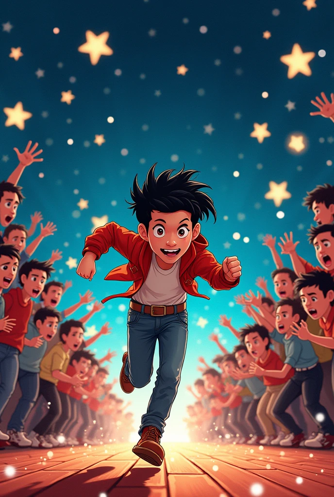 On a starlit stage,A young Chinese man,Being chased by thousands,Comic Style