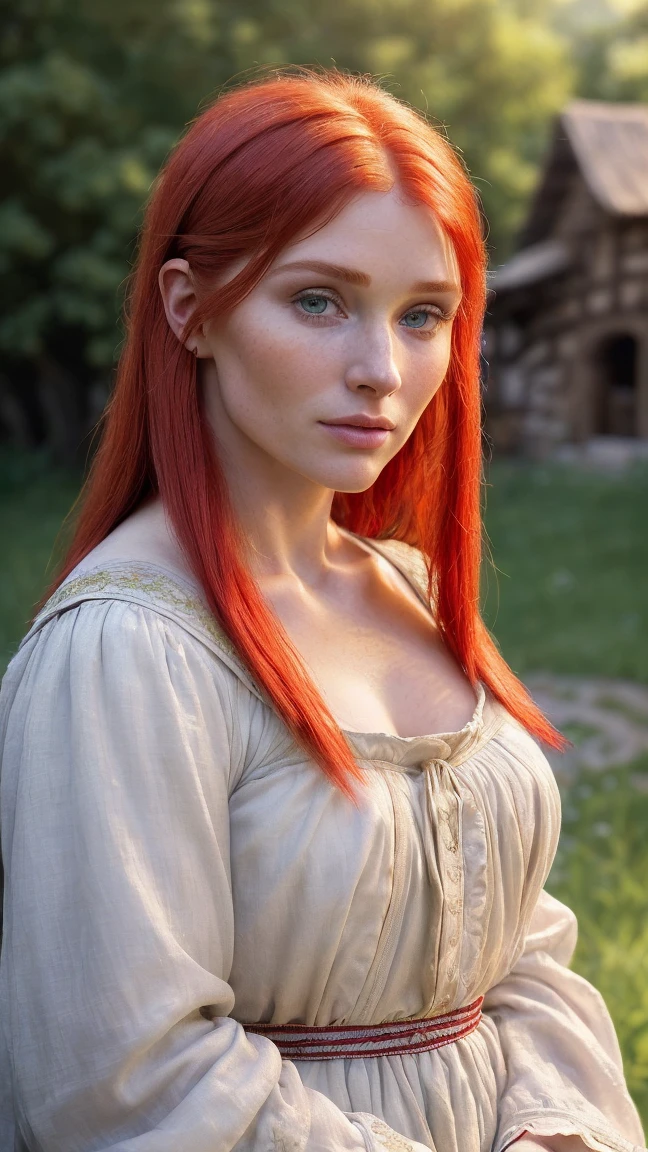 hyper photorealistic, ethereal beauty a cute peasant woman, face identical to Bryce Dallas Howard, small European village, (42 years), youthful, soft contoured, sweet sweet soft smile, (detailed face and eyeull body portrait, (extremely sexy), Masterpiece, pleasure, massive breasts, Full figured woman, full body, expression enjoyment, idyllic aura, medieval environment, cinematic lighting, red vibrant straight smooth hair, fine facial traits, Slim physique, (depth of field), ultra detailed, cinematic