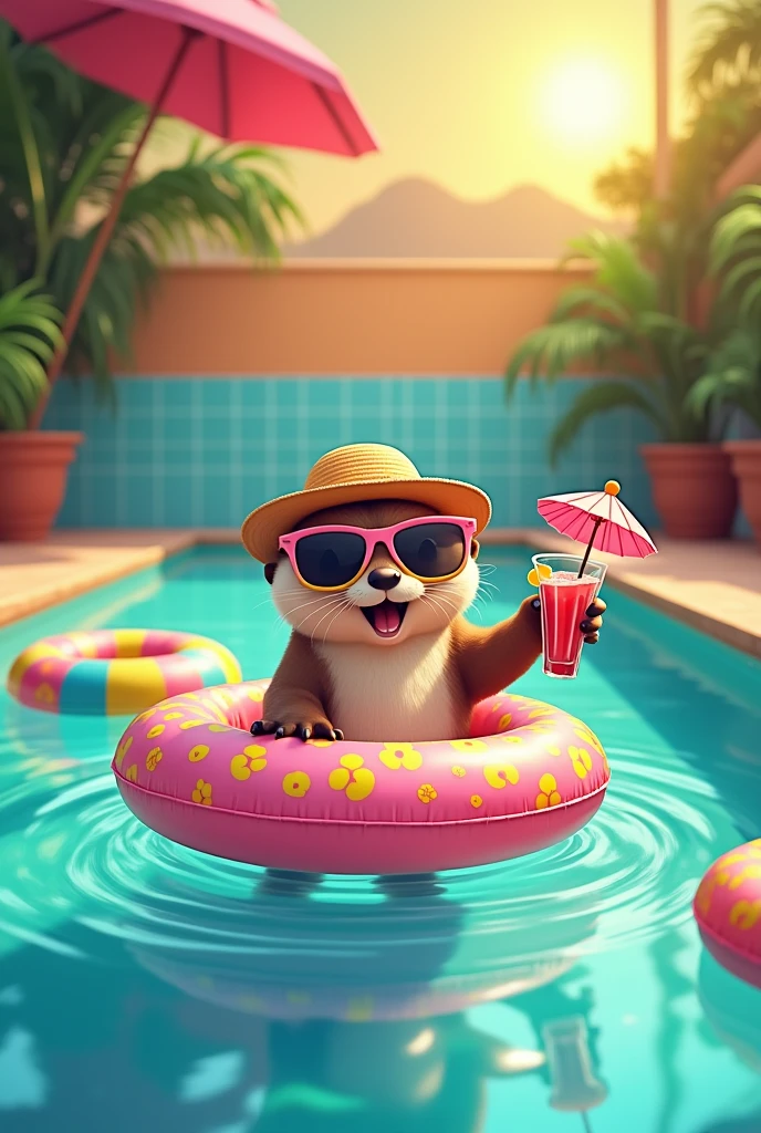 Cute otter,in Swimmingpool with swimming tires, Cocktail,cartoon, sunglasses sun hat