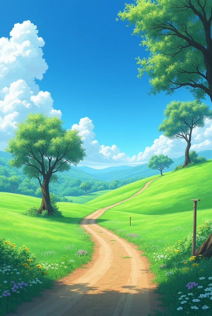 Anime grassland with a mud road and trees.no vehicles
