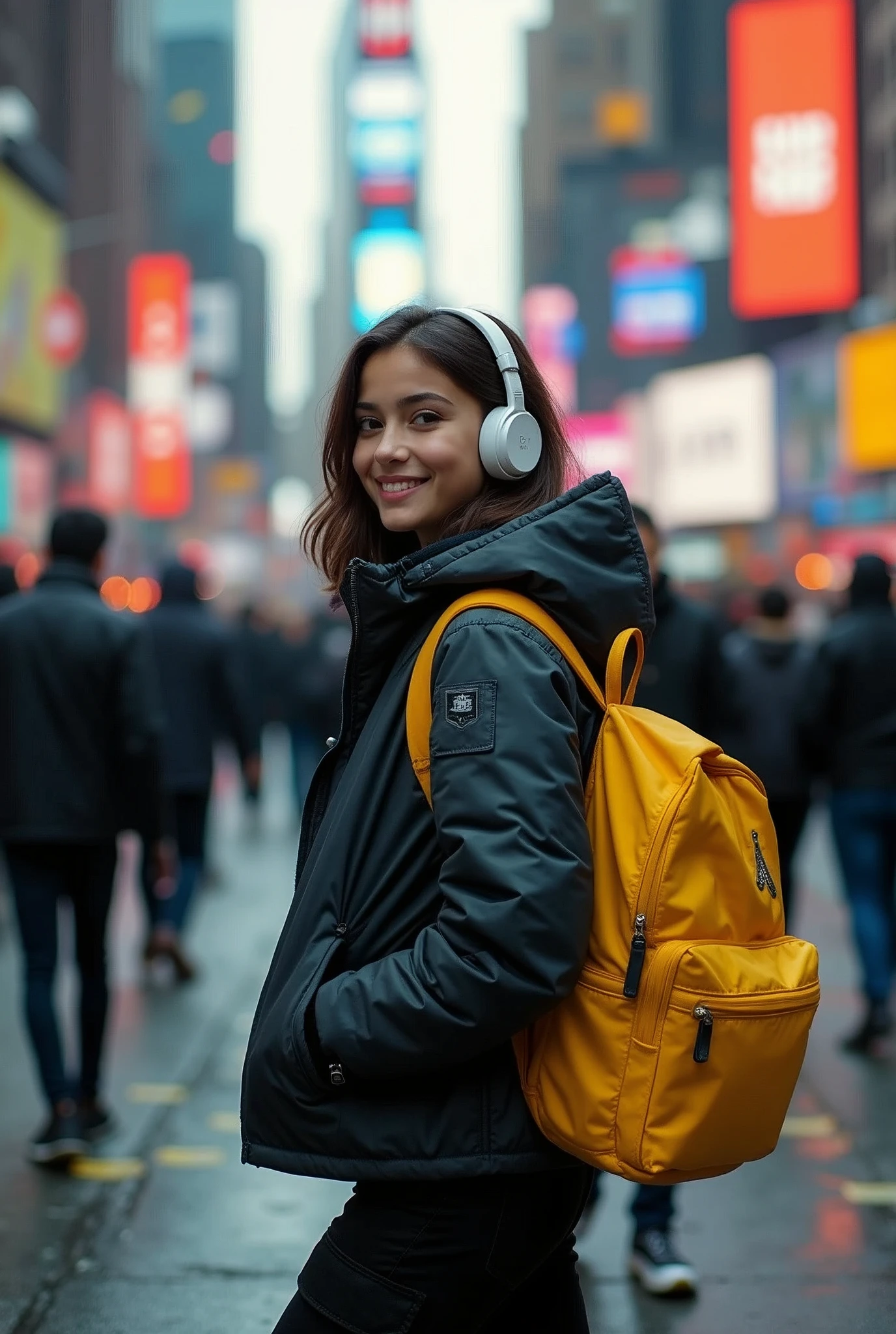 (photorealism:1.2), very beautiful young girl, shoulder haircut, wearing slimfit space jackets and black cargo pants is walking at crowded people(man and  women), white headphones and yellow backpack, perfect lighting shot on her, sweet litle smile, concerta, newyork city streets so many billboard and street mark, stop lights, cyberpunk(realism)