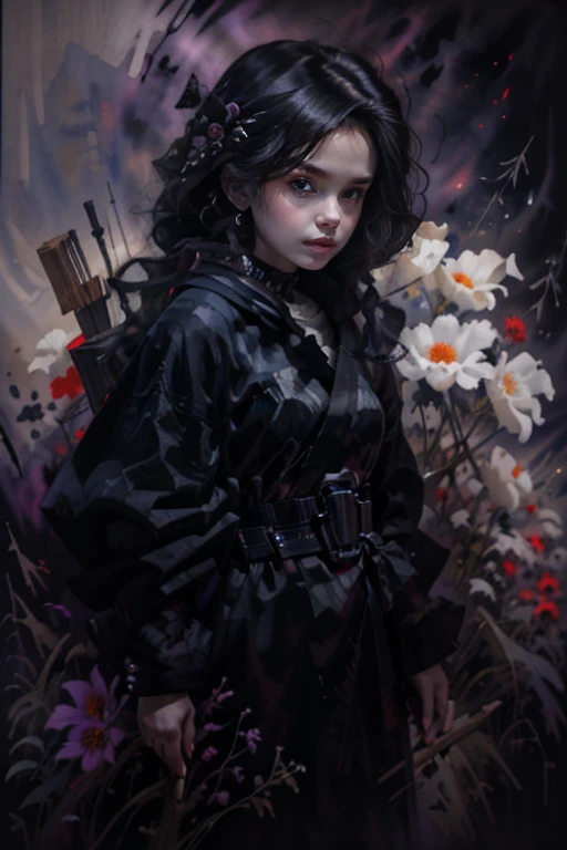 Высокое quality, 8K,masterpiece,illustration (Watercolor+Watercolor) Japanese-style, we use three colors(monochrome). One,1 woman\(grim Reaper,Cute,kawaii,Age 10 years,Hair color: white,to braid hair,dirty hair,dark eye color,big eyes,White skin,big smile,enjoy,whole body,wearing the black robe of the Grim Reaper,(BLACK HOOD),HOLDING THE BRAID,MISS,Flower hair decoration,White hair,(Case transparent:0.8),dynamic pose\),Background\((Black Sky:1.5),(skull:1.3),(withered flowers all over the land),(Red water)\), BREAK ,quality\(8K,wallpaper with extremely detailed computer graphics, masterpiece,a high resolution,top-quality,top-quality real texture skin,Hyperrealistic,increase resolution,RAW-фотографии,лучшее quality,very detailed,wallpaper\)