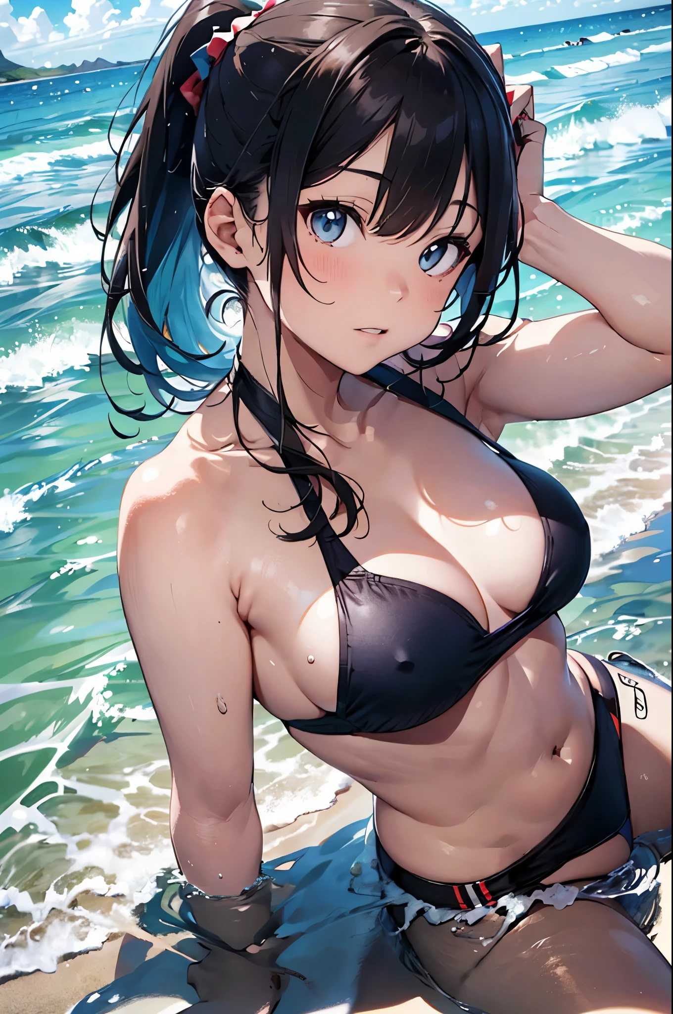 High resolution,topless、
One beautiful young woman,Light blue hair、ponytail、
(Soft Saturation:1.3), (Fair skin:1.2),
(ultra-Detailed Background, Detailed Background), Bokeh,
break'Smiling portrait.,
When viewed from the front, The composition is symmetrical,
Looking straight at you with serious eyes,
break Swimwear, Yellow Bikini, Center of chest,
Outdoor, Sea surface, null, sunlight,Summer beach, Sandy Beach,
Strong light, Front lighting,
(:1.3), (Cowboy Shot:1.2),
Front brake angle,
View your viewers,
Dynamic pose,
sitting on the beach
Seaweed、Seaweed、Seaweed、Seaweed、Seaweed、Seaweed、Seaweed、