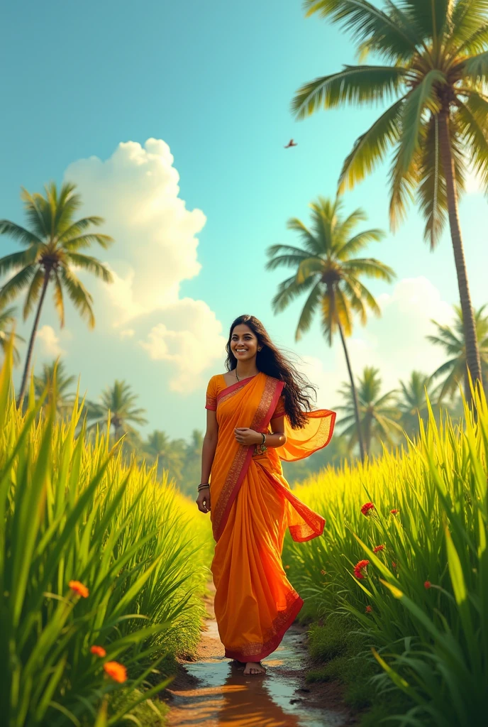 ഒരു മലയാളി പെണ്ണ് വയൽ വരമ്പിലൂടെ നടന്നു വരുന്നു വസ്ത്രം ലുങ്കി മുണ്ട് വയസ് 23