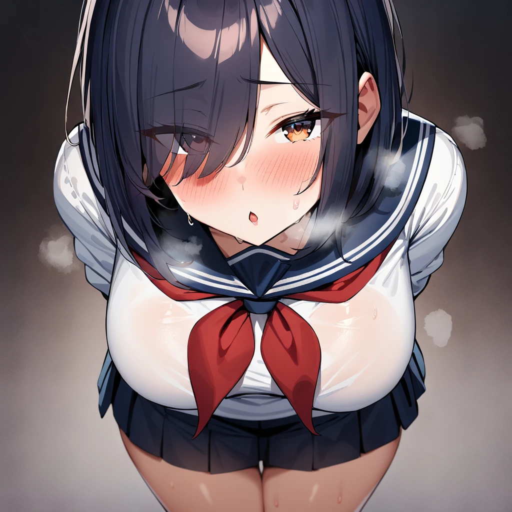 1girl,(pov:1.5),serafuku,red neckerchief,white blouse,pleated skirt,sexually suggestive,(cowboyshot:1.5),(in heat:1.5),(big Breast),(heavy breathing:1.5),arms behind back,(Legs_apart),(eyes visible through hair:1.5),very sweaty,dark blue hair,(brown eyes),hair over eye,blush,(Heavy Breathing:1.3),(Steaming body:1),(straight-on),(masterpiece,best quality,very aesthetic,absurdres,medium hair,straight hair,(female:1),(curvy:1),(incoming kiss),facing_viewer
