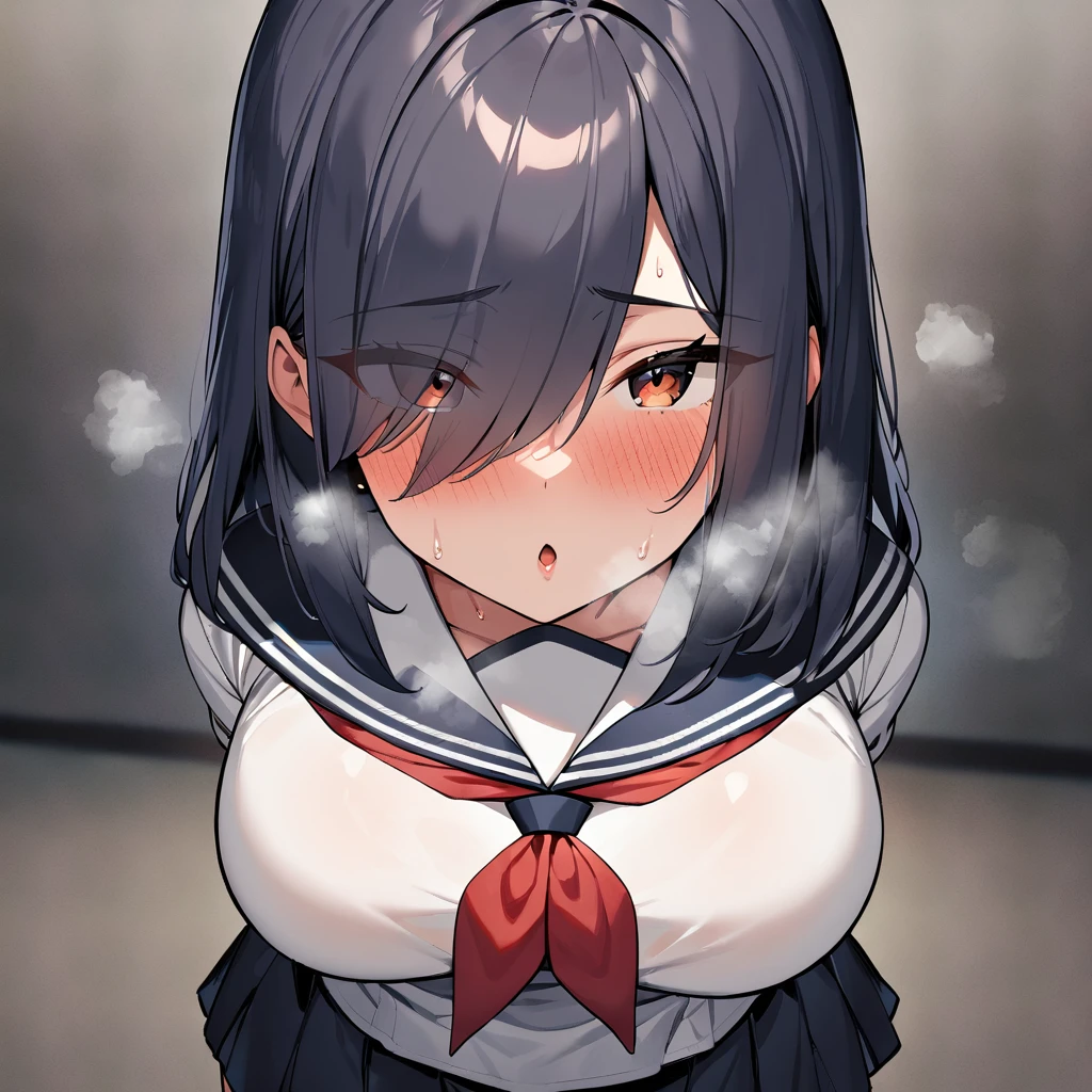 1girl,(pov:1.5),serafuku,red neckerchief,white blouse,pleated skirt,sexually suggestive,(cowboyshot:1.5),(in heat:1.5),(big Breast),(heavy breathing:1.5),arms behind back,(Legs_apart),(eyes visible through hair:1.5),very sweaty,dark blue hair,(brown eyes),hair over eye,blush,(Heavy Breathing:1.3),(Steaming body:1),(straight-on),(masterpiece,best quality,very aesthetic,absurdres,medium hair,straight hair,(female:1),(curvy:1),(incoming kiss),facing_viewer