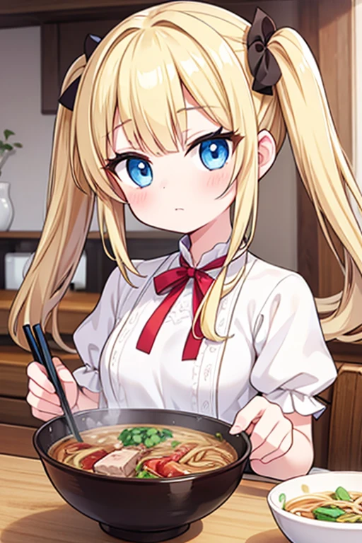 A bowl of beef noodle soup,Highest quality,Blonde with blue eyes、Lolita、Small breasts、Twin tails、girl'mischief,smile,10 years old,A ramen bowl towering like Mount Everest, filled with meat,