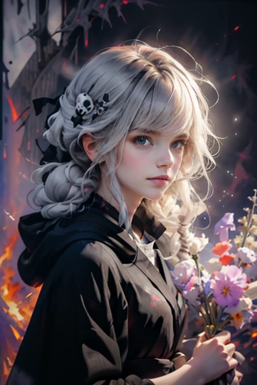 Высокое quality, 8K,masterpiece,illustration (Watercolor+Watercolor) Japanese-style, we use three colors(monochrome). One,1 woman\(grim Reaper,Cute,kawaii,Age 10 years,Hair color: white,to braid hair,dirty hair,dark eye color,big eyes,White skin,big smile,enjoy,whole body,wearing the black robe of the Grim Reaper,(BLACK HOOD),HOLDING THE BRAID,MISS,Flower hair decoration,White hair,(Case transparent:0.8),dynamic pose\),Background\((Black Sky:1.5),(skull:1.3),(withered flowers all over the land),(Red water)\), BREAK ,quality\(8K,wallpaper with extremely detailed computer graphics, masterpiece,a high resolution,top-quality,top-quality real texture skin,Hyperrealistic,increase resolution,RAW-фотографии,лучшее quality,very detailed,wallpaper\)