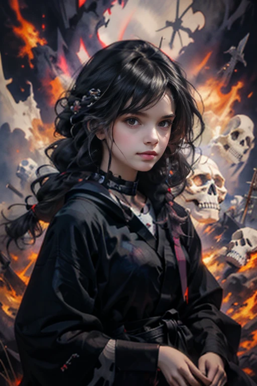 Высокое quality, 8K,masterpiece,illustration (Watercolor+Watercolor) Japanese-style, we use three colors(monochrome). One,1 woman\(grim Reaper,Cute,kawaii,Age 10 *****,Hair color: white,to braid hair,dirty hair,dark eye color,big eyes,White skin,big smile,enjoy,whole body,wearing the black robe of the Grim Reaper,(BLACK HOOD),HOLDING THE BRAID,MISS,Flower hair decoration,White hair,(Case transparent:0.8),dynamic pose\),Background\((Black Sky:1.5),(skull:1.3),(withered flowers all over the land),(Red water)\), BREAK ,quality\(8K,wallpaper with extremely detailed computer graphics, masterpiece,a high resolution,top-quality,top-quality real texture skin,Hyperrealistic,increase resolution,RAW-фотографии,лучшее quality,very detailed,wallpaper\)