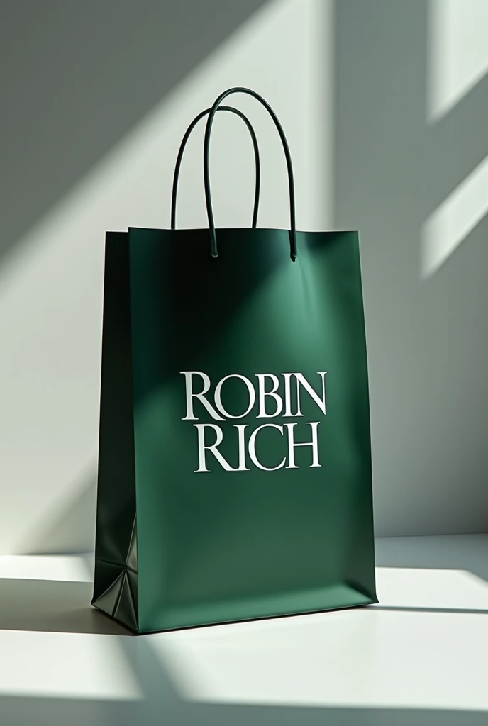 Dark green polybag with ROBIN RICH written in white