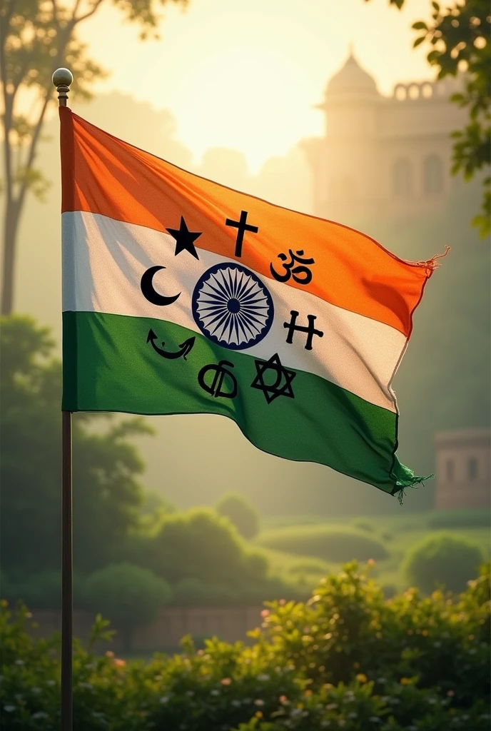 Realistic image of Indian Flag with symbols of different religions around it
