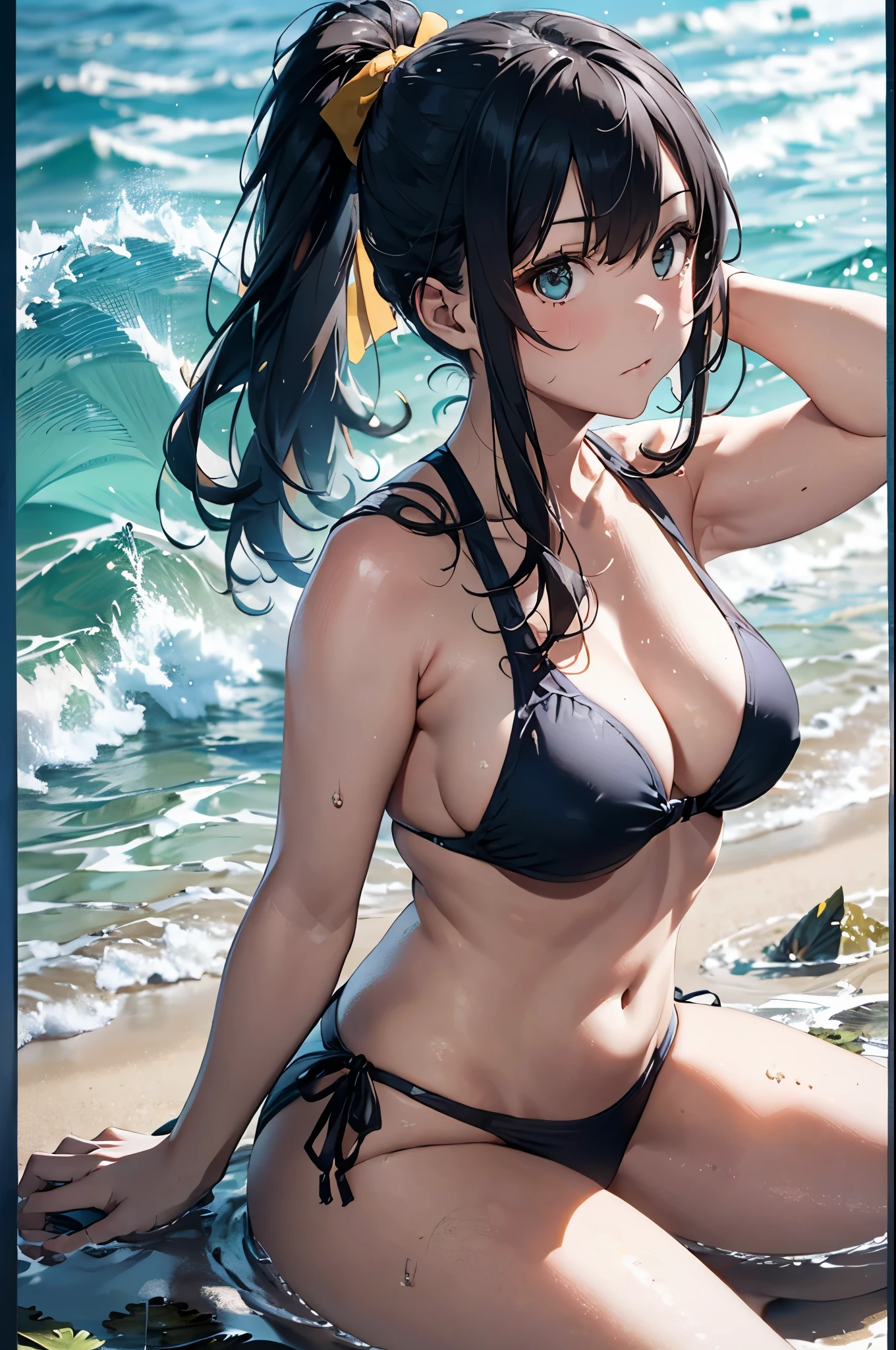 4K,8k,High resolution,topless、Yellow swimsuit、
One beautiful young woman,Light blue hair、ponytail、
(Soft Saturation:1.3), (Fair skin:1.2),
(ultra-Detailed Background, Detailed Background), Bokeh,
break&#39;Smiling portrait.,
When viewed from the front, The composition is symmetrical,
Looking straight at you with serious eyes,
break Swimwear, Yellow Bikini, Center of chest, 
Outdoor, Sea surface, null, sunlight,Summer beach, Sandy Beach,
Strong light, Front lighting, 
(Teen:1.3), (Cowboy Shot:1.2),
Front brake angle,
View your viewers,
Dynamic pose,
sitting on the beach

Seaweed、Seaweed、Seaweed、Seaweed、Seaweed、Seaweed、Seaweed、