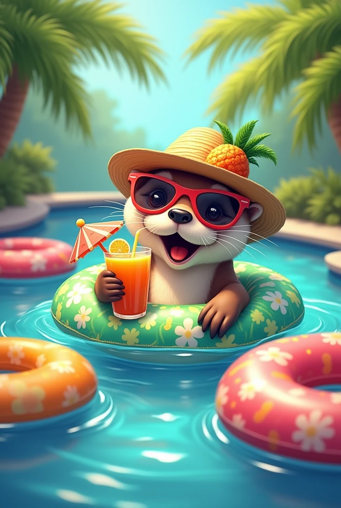 Cute otter,in Swimmingpool with swimming tires, Cocktail,cartoon, sunglasses sun hat