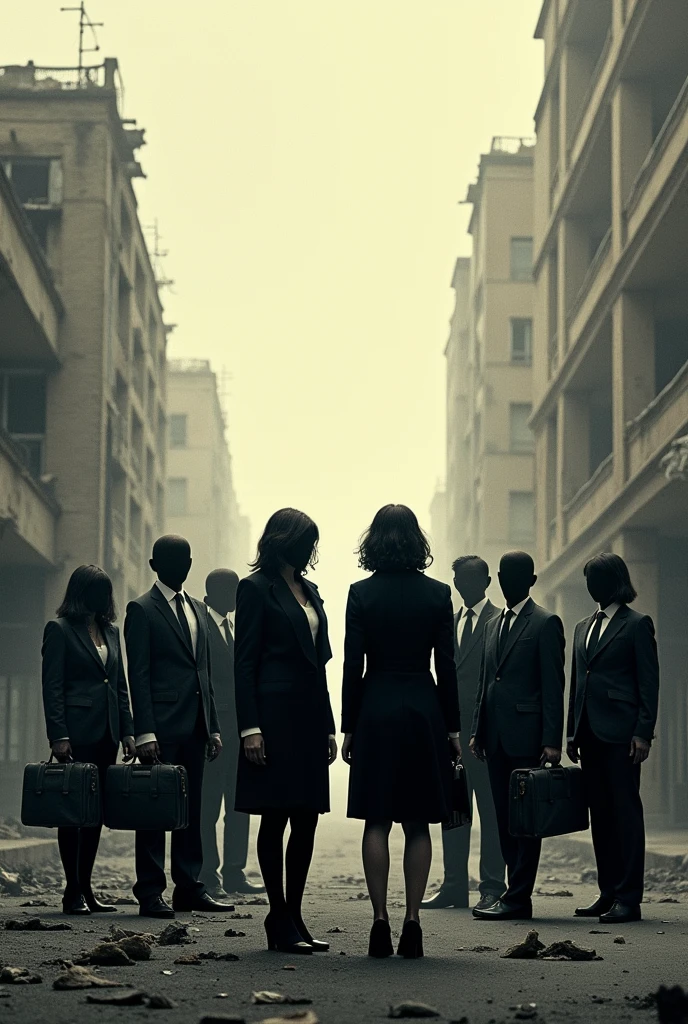 Generate a poster for a play named 'In Pursuit Of...' based on unemployment and have a very small mob on unemployed people include 2 women in the small mob without faces in formal attire
