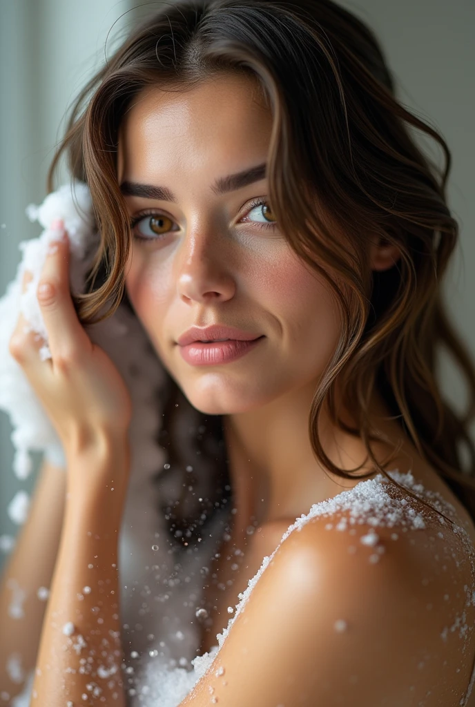 <Light brunette woman, hazel eyes. washing hair. brown color. with splashes of water drops, hair foamy from shampoo. 4K High Definition.