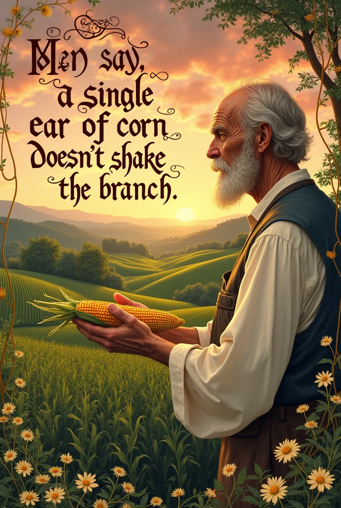 Create an image with a biblical verse style with the phrase "As they say, a single ear of corn doesn't shake the branch."