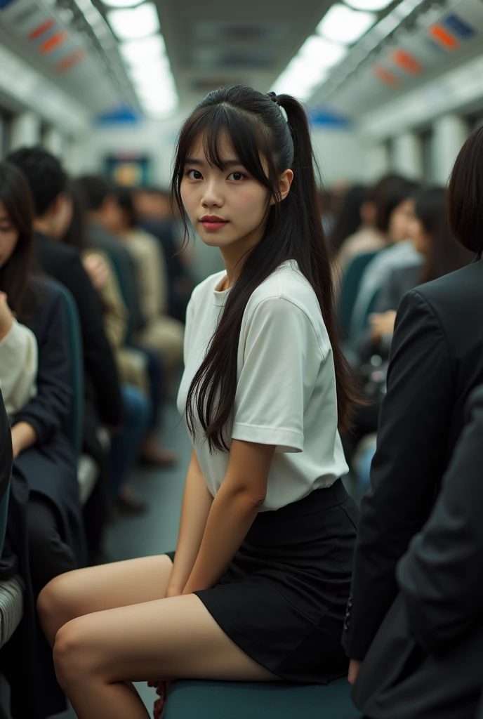 Actual photo、Highest im年 quality、Beautiful woman、Beautiful thighs、Beautiful Face、Uniform Ponytail、Yuriko Yoshitaka、Japanese women、pretty girl、skirt、Beautiful thighs、pumps、Inside a crowded train、Sit in your seat、Front seat、(Boys groping women&#39;s breasts:)、